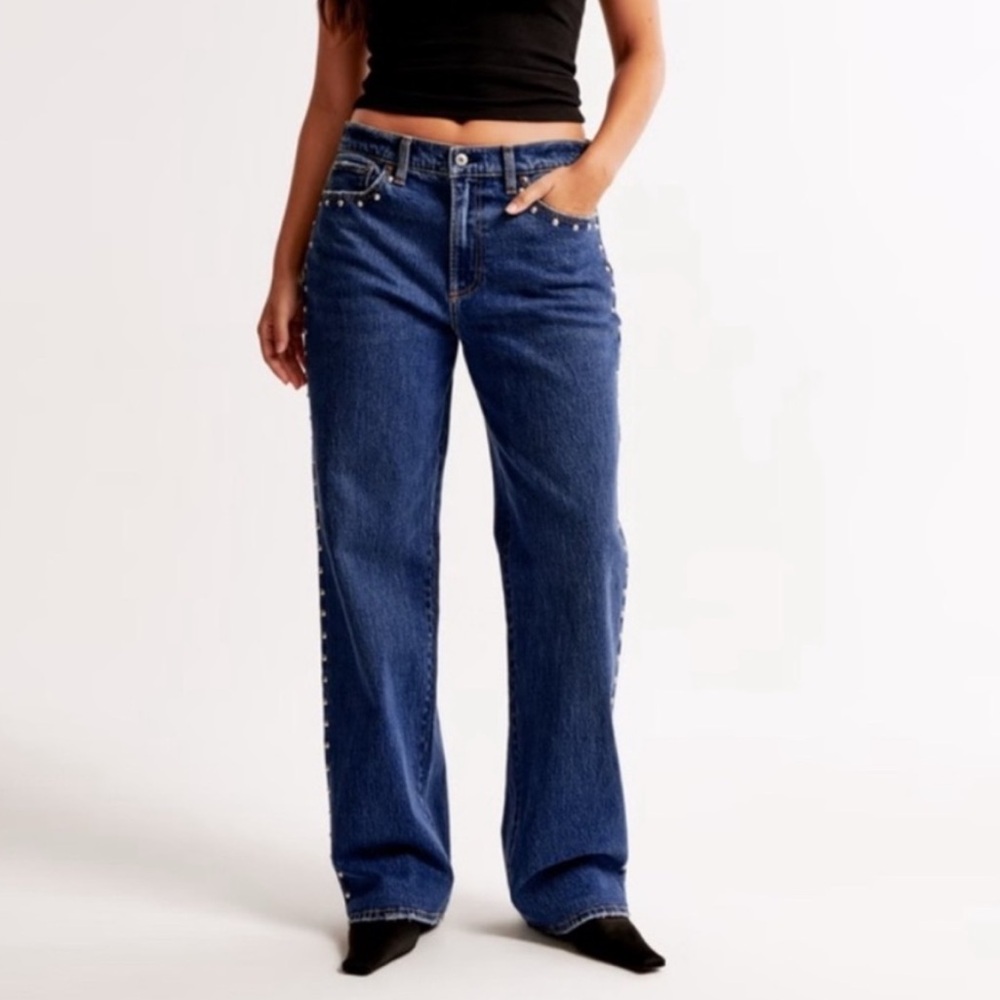 Abercrombie & Fitch Dark Blue Studded Low Rise Baggy Jeans Curve Love 25L